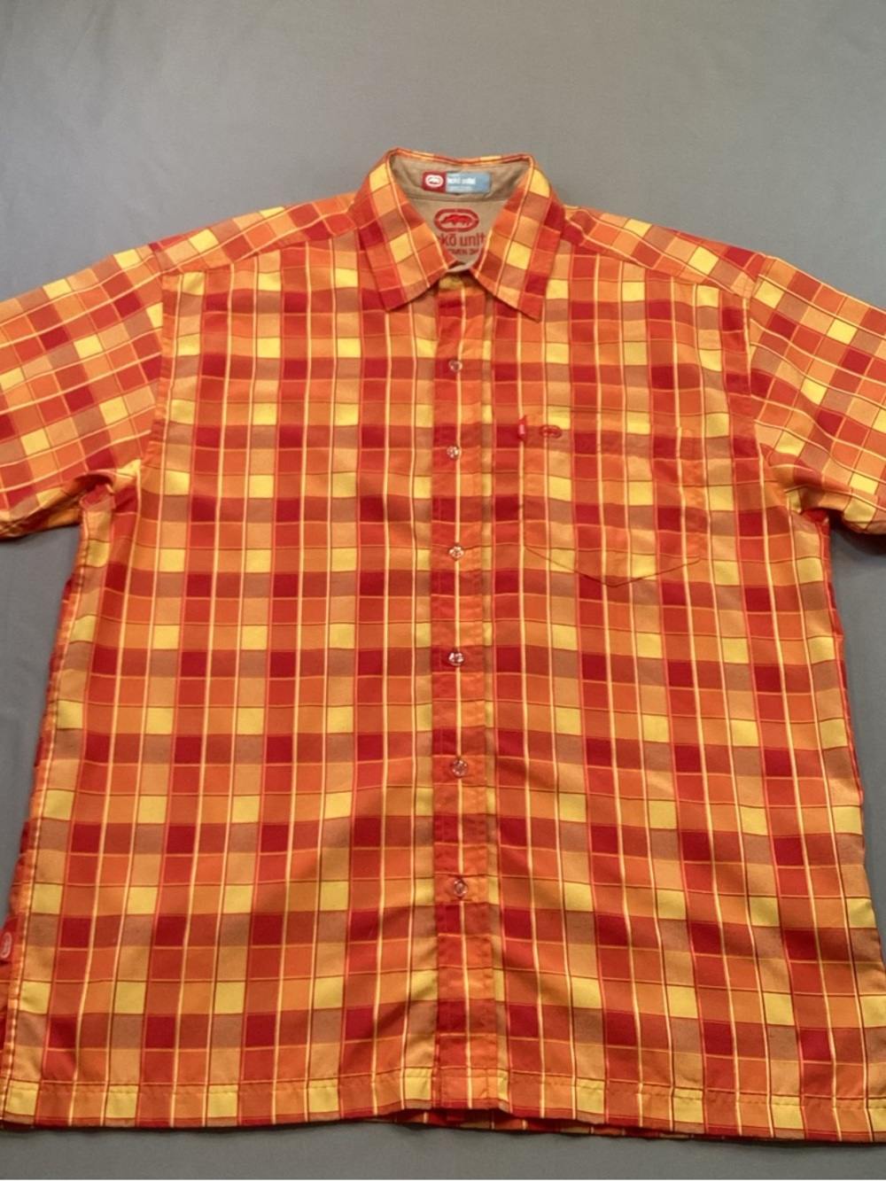 VTG Ecko Unltd Plaid Shirt Men’s Large Orange Yellow Rhino Y2K Streetwear Woven